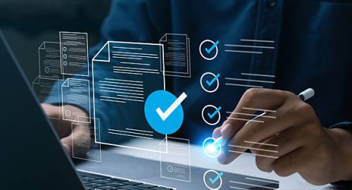 Business performance checklist, Businessman using laptop online survey filling out check digital form task, business performance monitoring and evaluation. online survey question form. online exam.